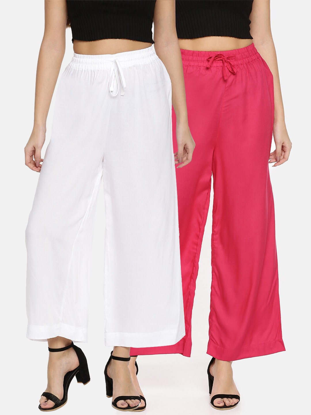 

TWIN BIRDS Women White & Pink Pack Of 2 Palazzos