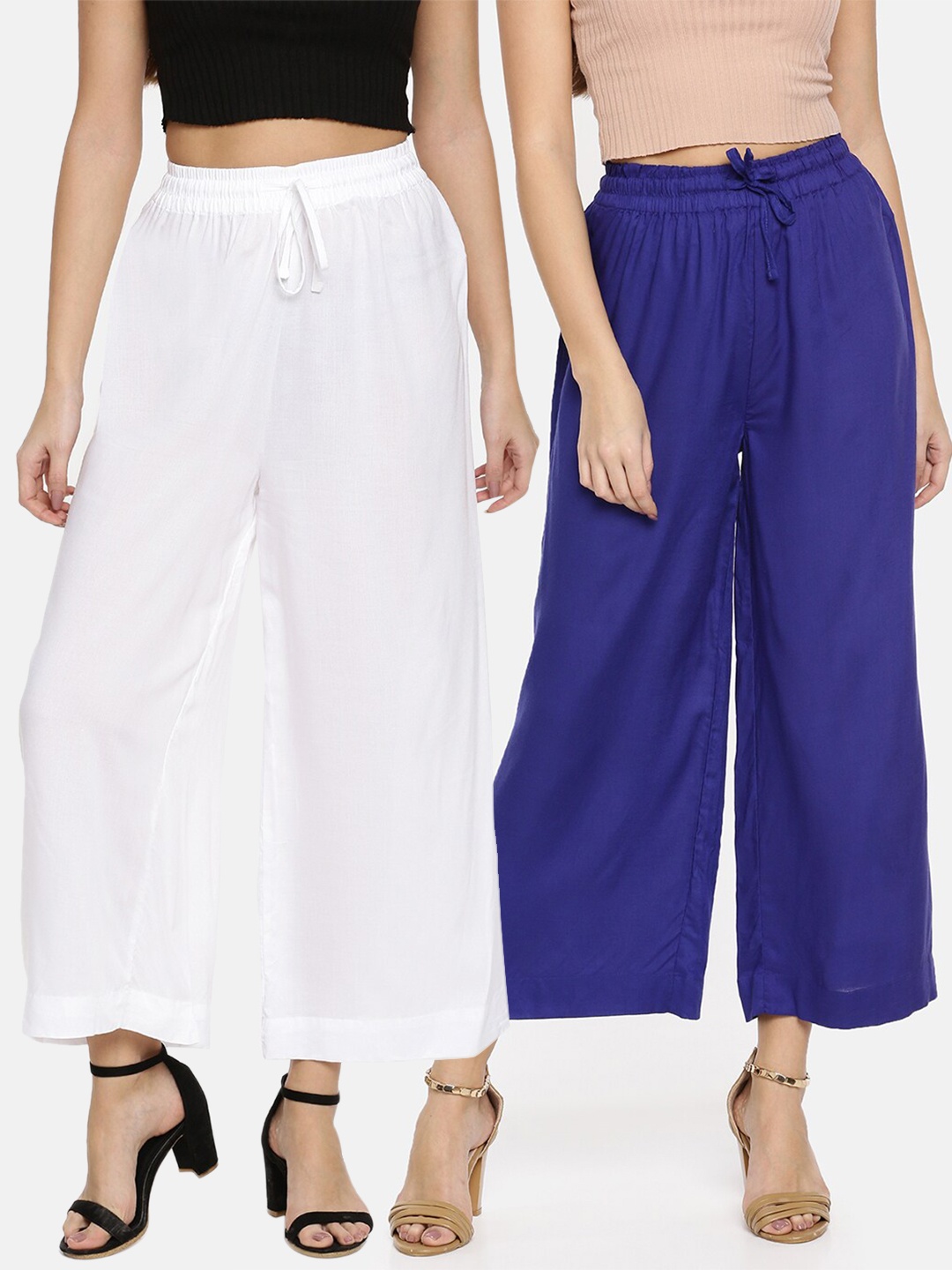 

TWIN BIRDS Women Set of 2 White & Blue Solid Wide Leg Palazzos