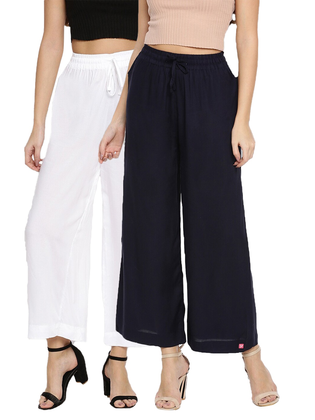 

TWIN BIRDS Women Pack of 2 White & Black Solid Wide Leg Palazzos