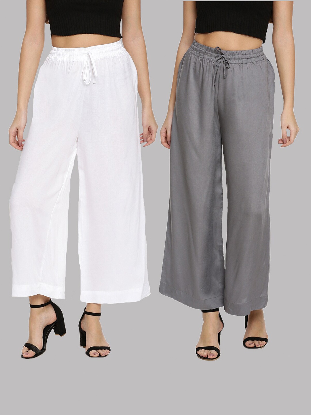 

TWIN BIRDS Women Pack of 2 White & Grey Wide Leg Palazzos