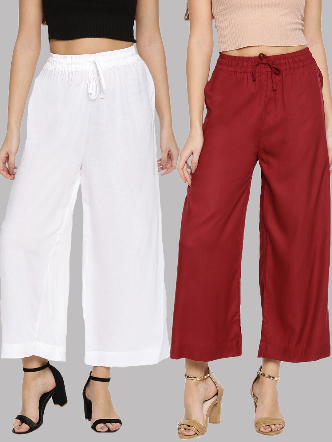 

TWIN BIRDS Women White & Maroon Pack Of 2 Palazzos