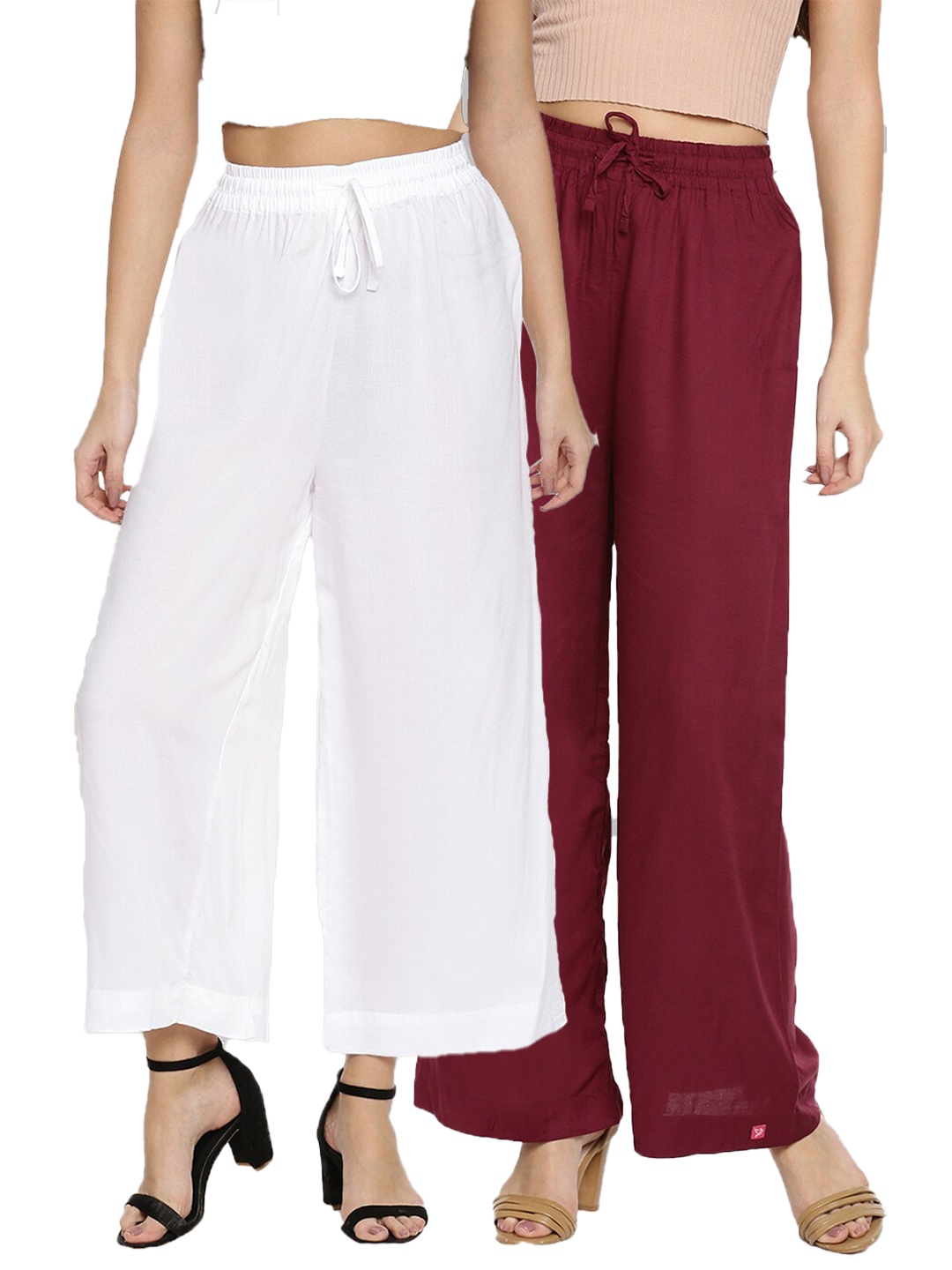 

TWIN BIRDS Women Pack Of 2 White & Maroon Solid Wide Leg Palazzos