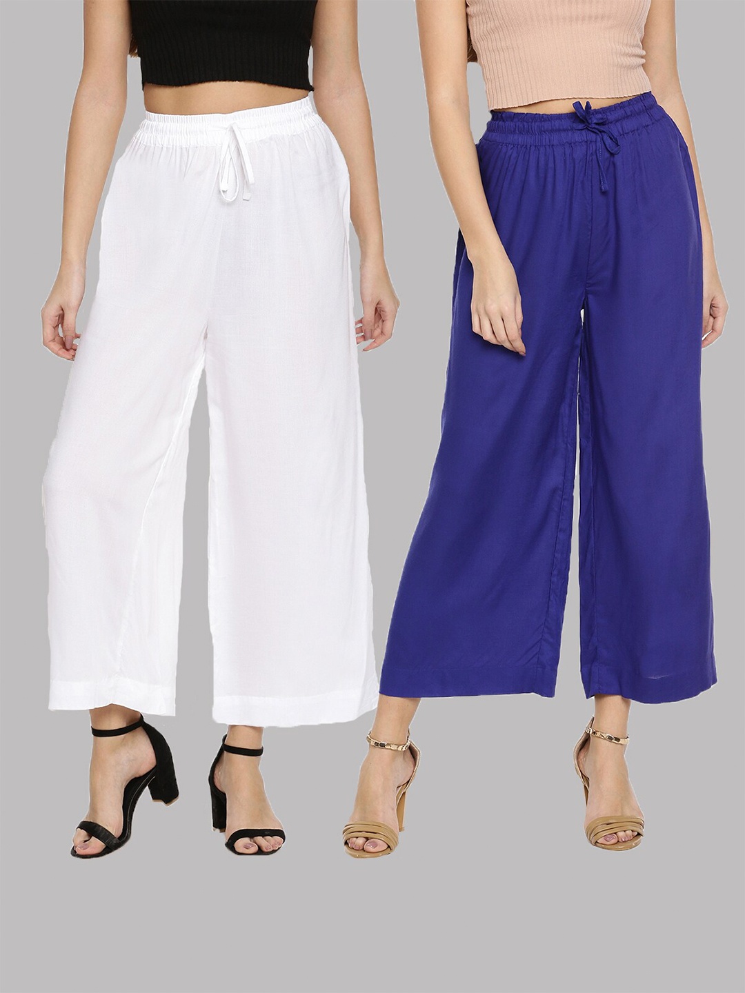 

TWIN BIRDS Women Set of 2 White & Blue Solid Wide Leg Palazzos