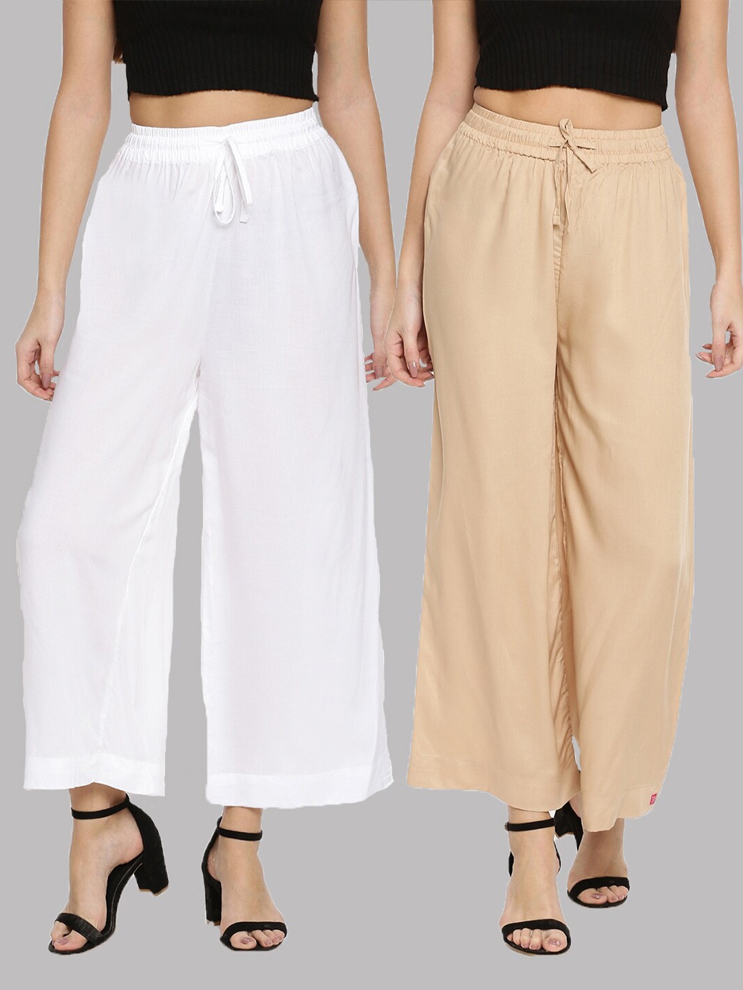 

TWIN BIRDS Women Pack of 2 White & Beige Solid Wide Leg Palazzos