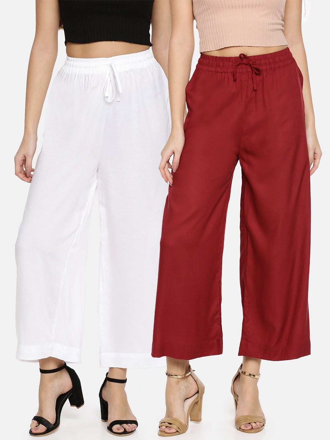 

TWIN BIRDS Pack Of 2 Women White & Maroon Palazzos