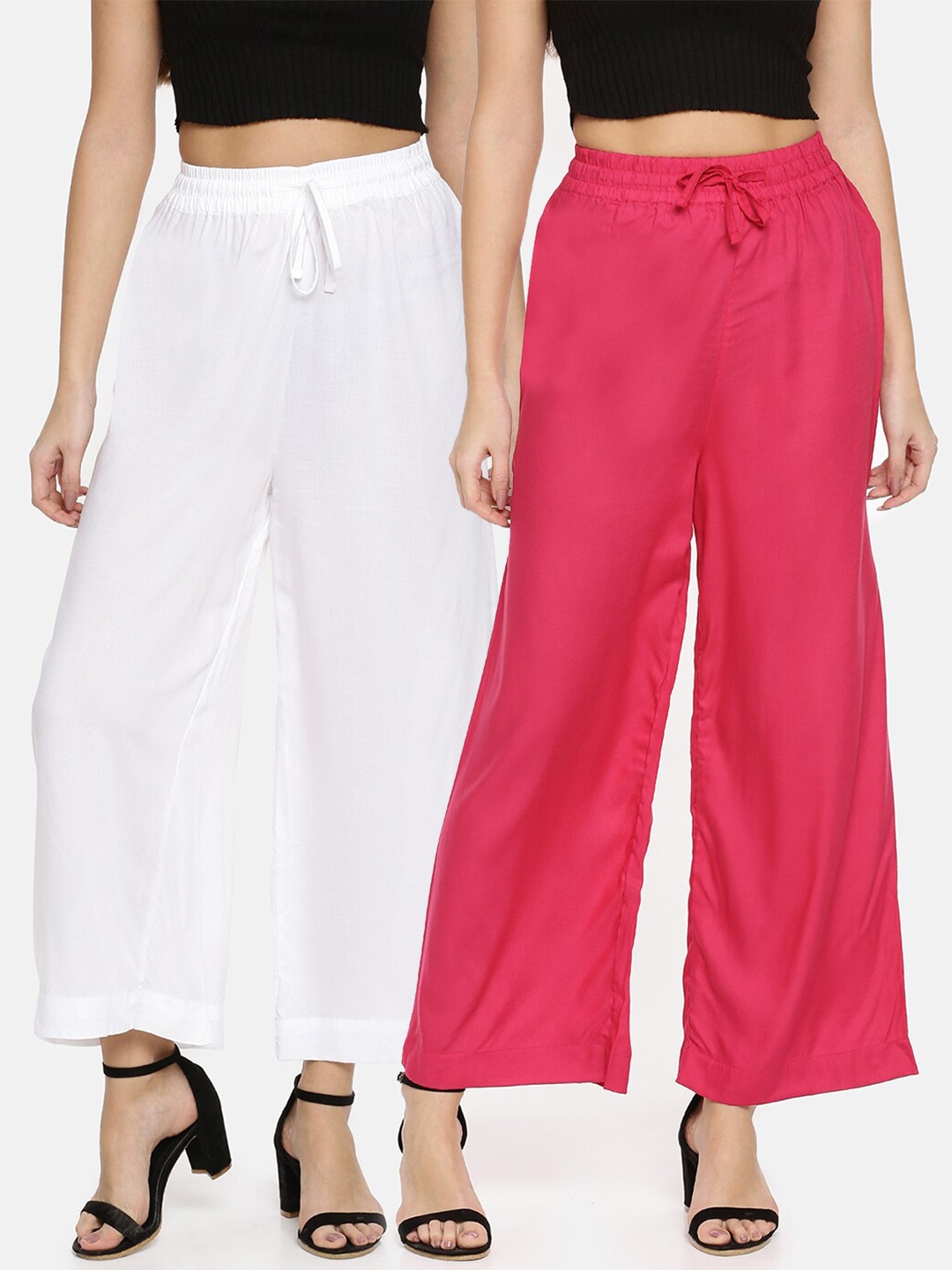 

TWIN BIRDS Women Pack of 2 White & Pink Wide Leg Palazzos