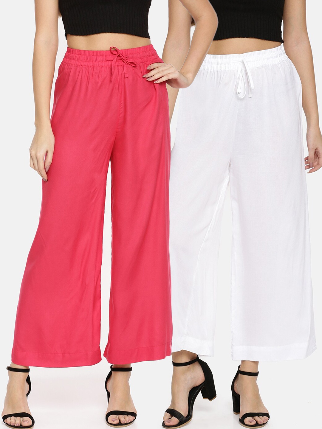 

TWIN BIRDS Women White & Pink Pack Of 2 Palazzos