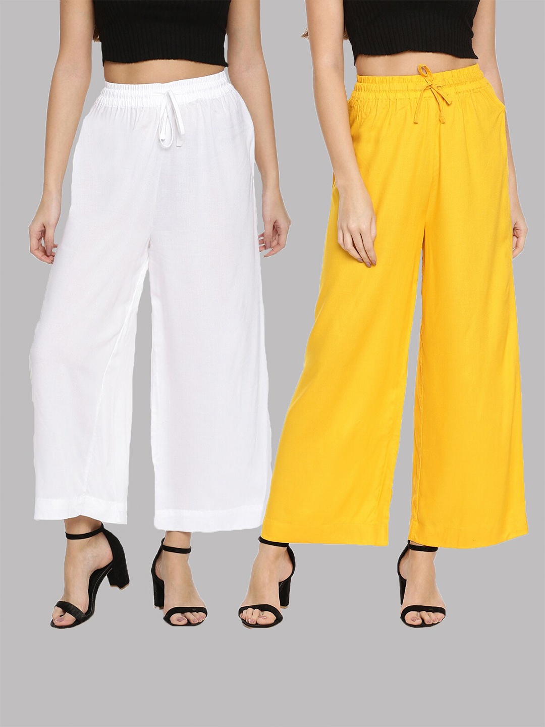 TWIN BIRDS Women White & Yellow Pack Of 2 Palazzos