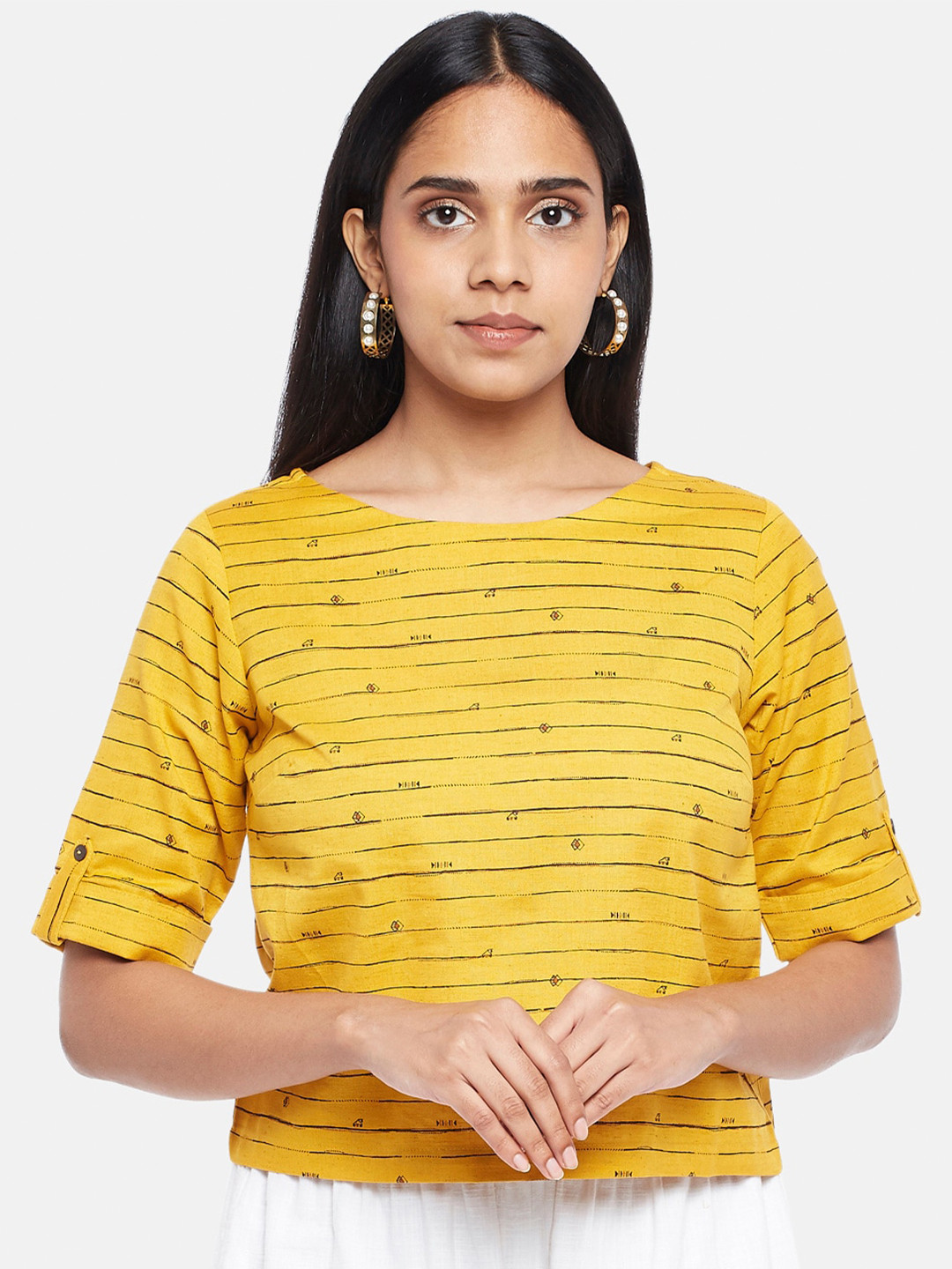 

AKKRITI BY PANTALOONS Mustard Yellow & Black Striped Regular Top