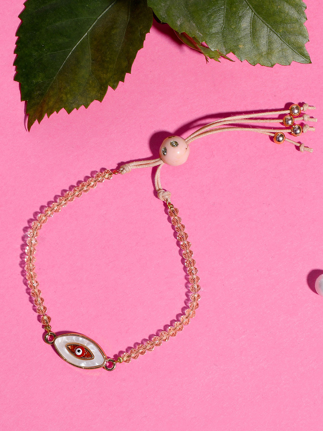 

Blueberry Women Peach-Coloured Gold-Plated Evil Eye Studded & Beaded Bracelet