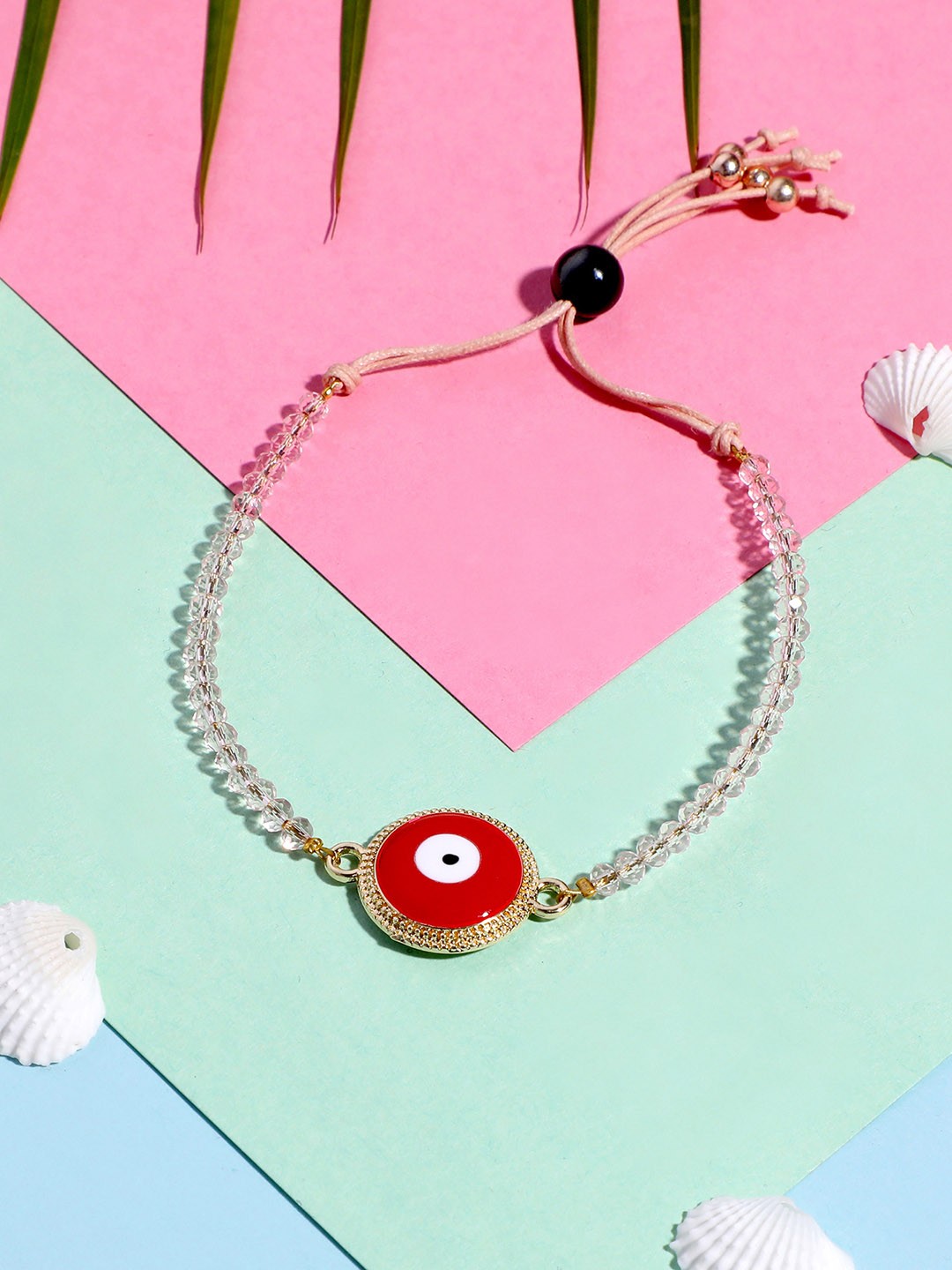 

Blueberry Women Peach-Coloured Gold-Plated Evil Eye Enamelled Studded & Beaded Bracelet