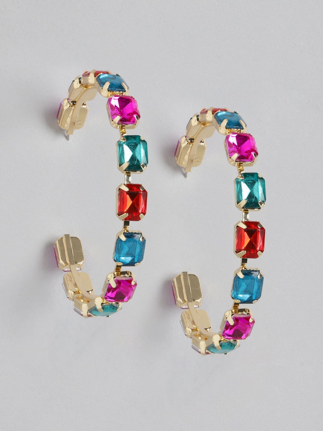 

Blueberry Multicoloured Gold-Plated Stone Studded Crescent Shaped Half Hoop Earrings, Multi