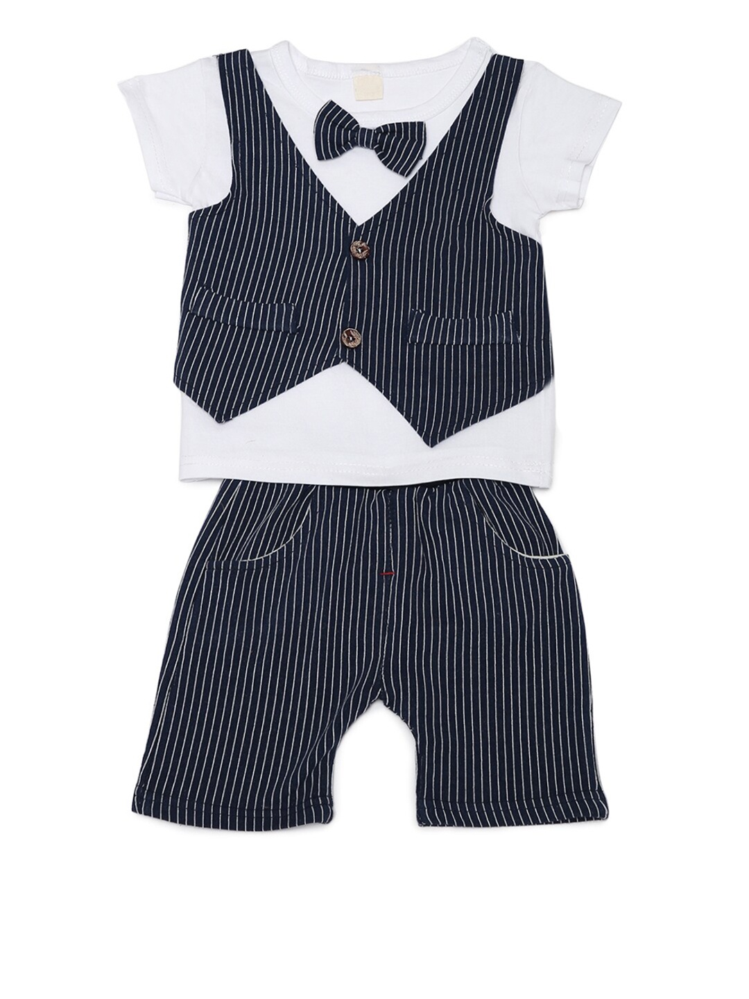 

Aj DEZInES Boys Blue Poly Cotton Striped Tshirt & Shorts