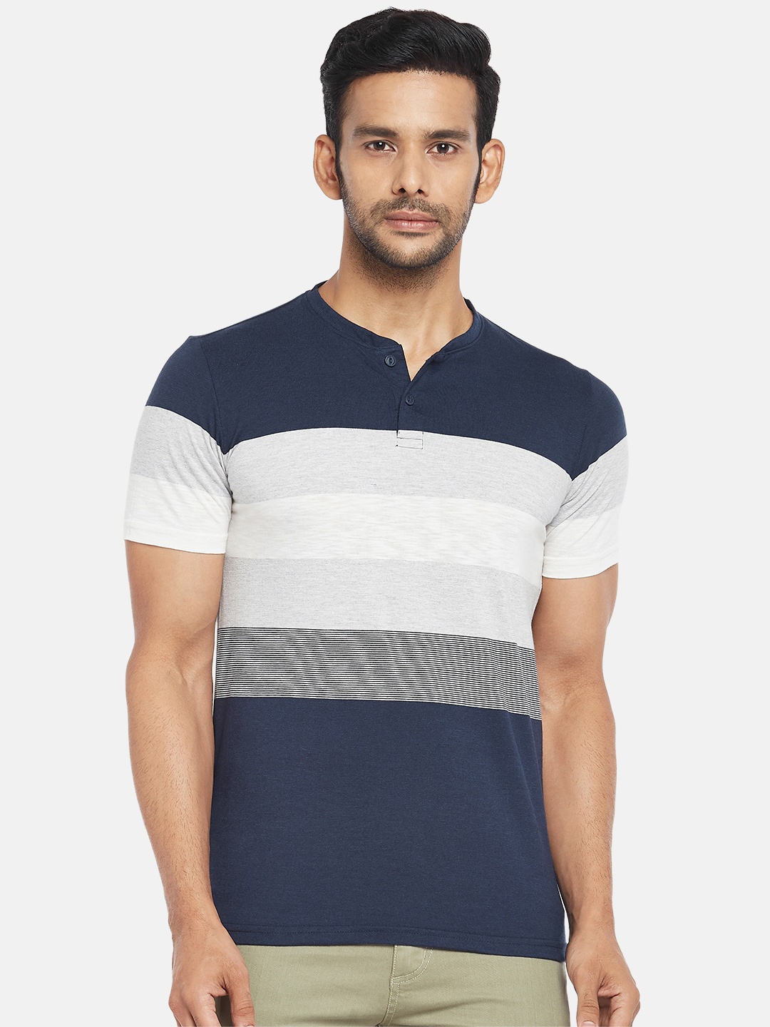 

Urban Ranger by pantaloons Men Navy Blue & Grey Colourblocked Henley Neck Slim Fit T-shirt