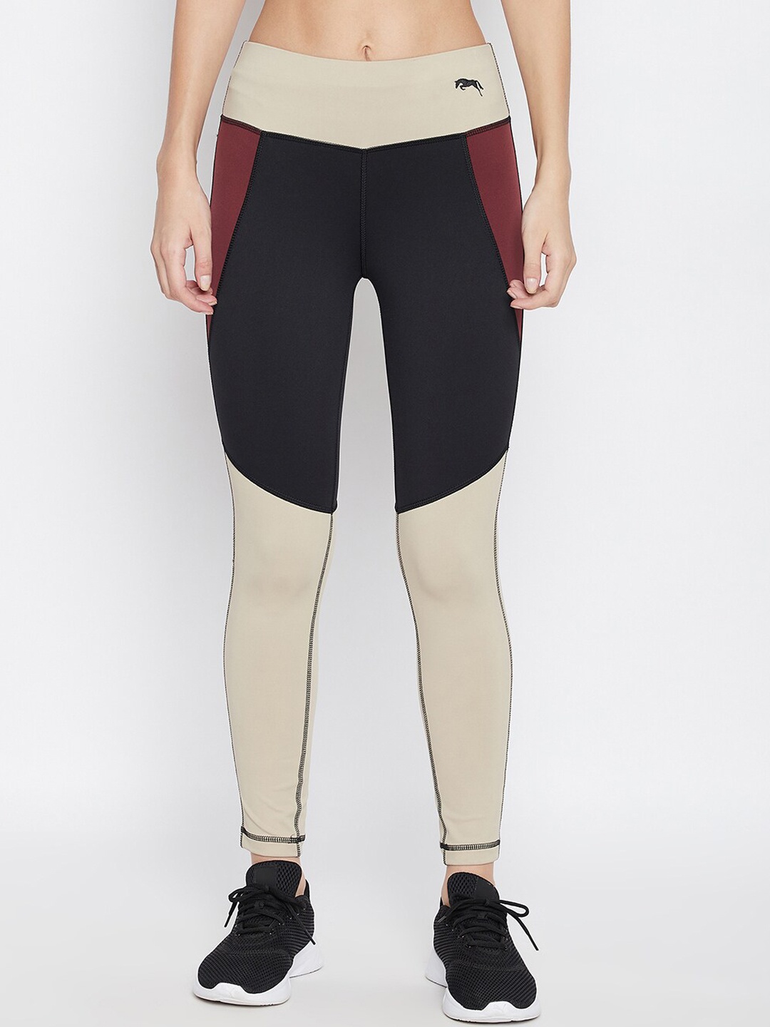 

JUMP USA Women Black & Cream-Colored Colourblocked Activewear Gym Tights
