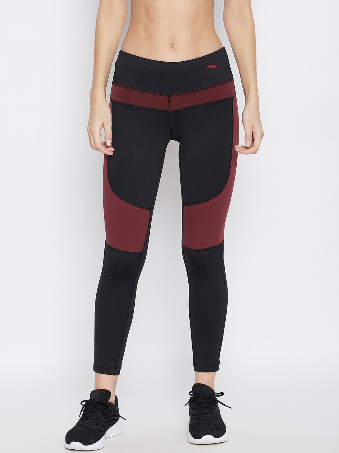 

JUMP USA Women Black & Maroon Colourblocked E-Dry Technology Activewear Gym Tights