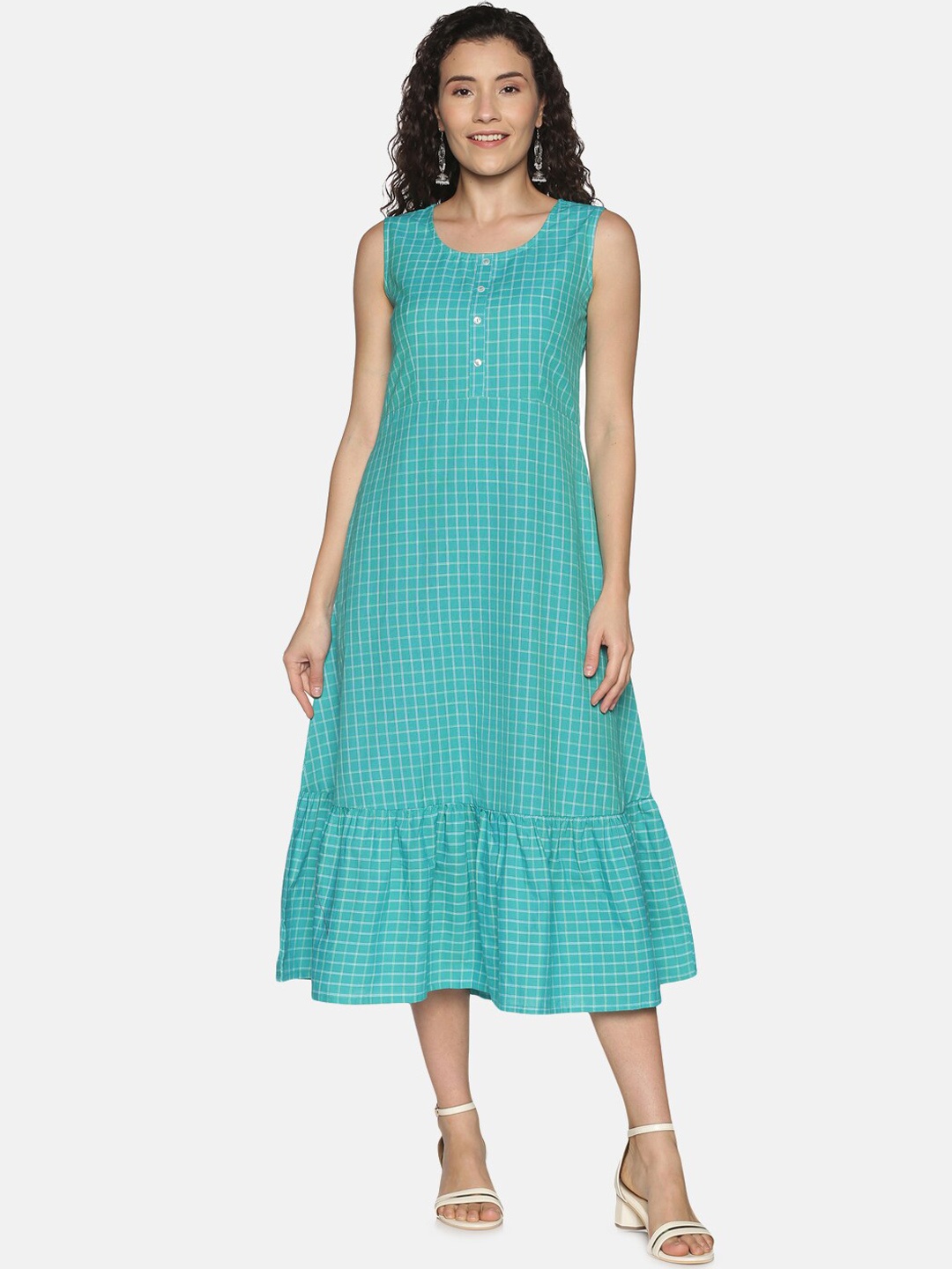 

Saffron Threads Turquoise Blue Checked A-Line Midi Dress