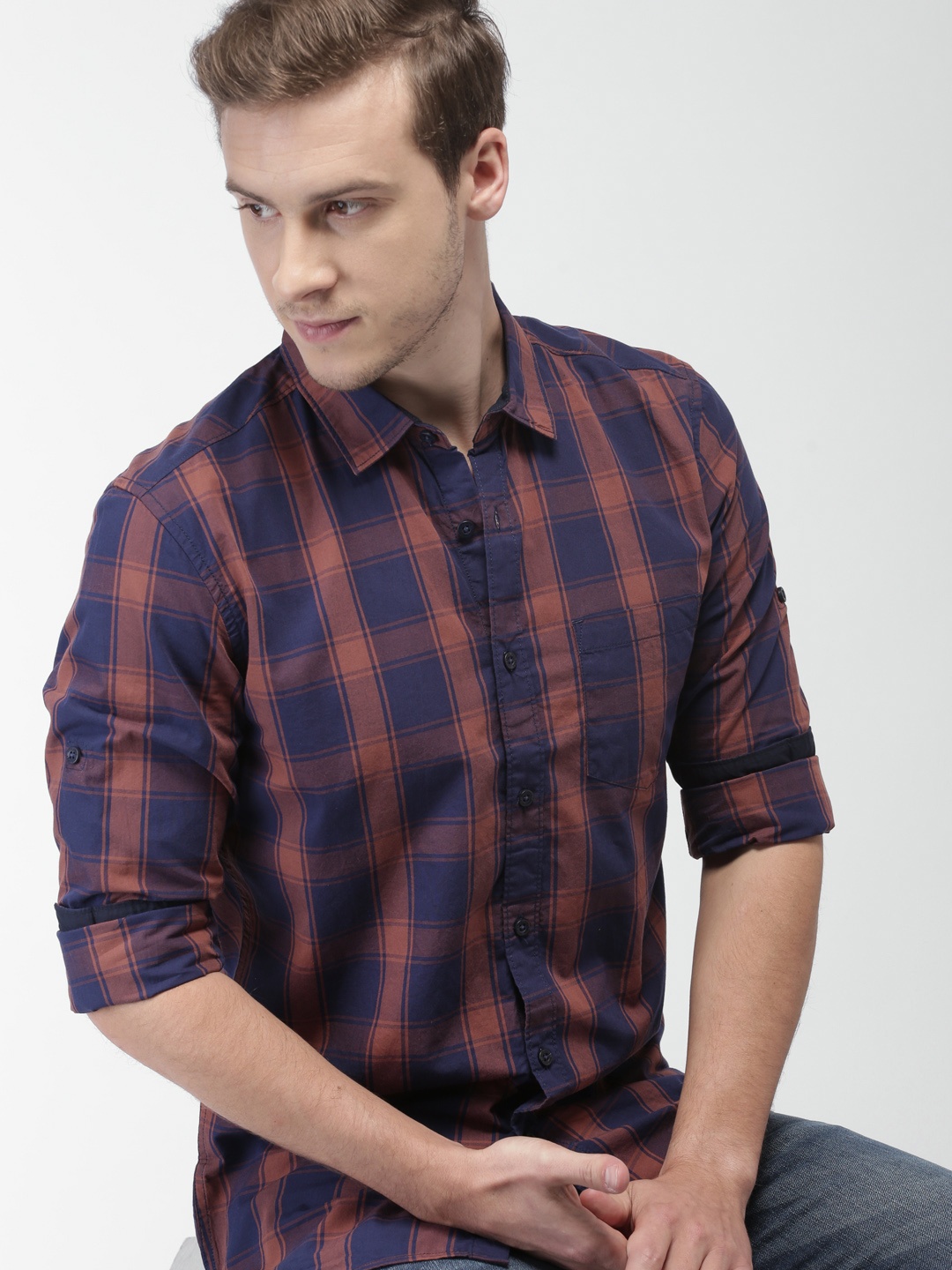 

HIGHLANDER Men Navy & Rust Orange Slim Fit Checked Casual Shirt, Navy blue