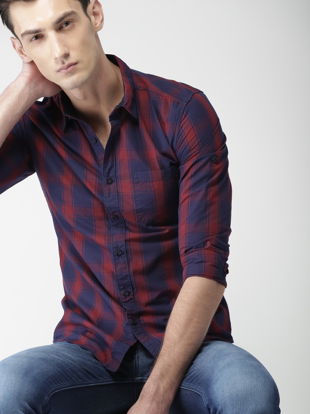 

HIGHLANDER Men Navy Blue & Maroon Slim Fit Checked Casual Shirt