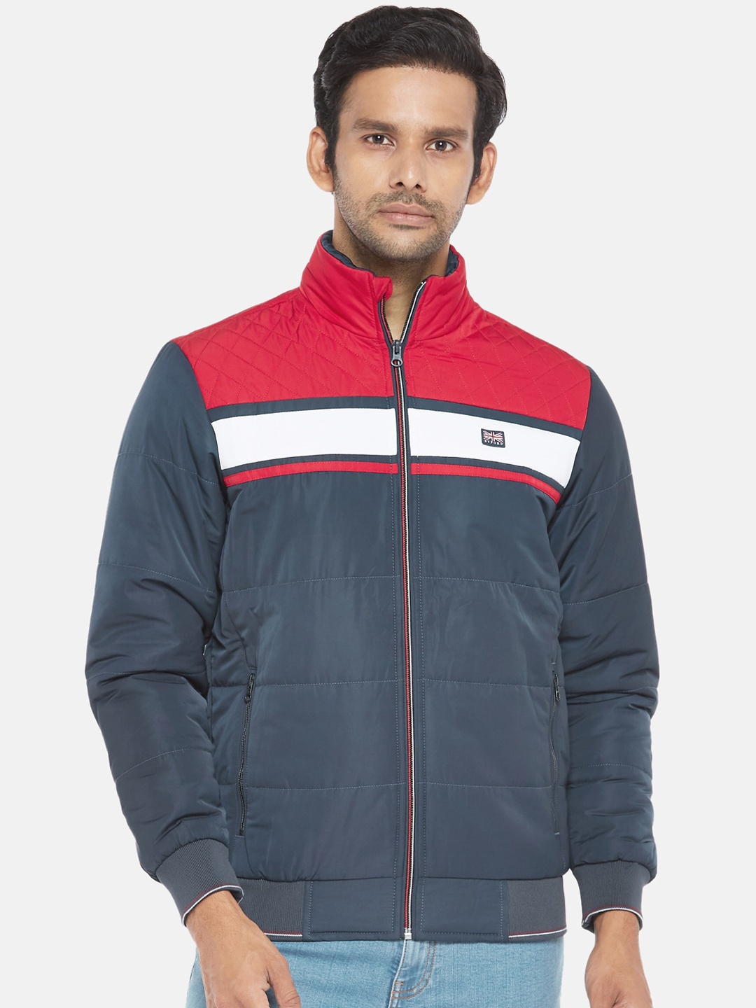 

BYFORD by Pantaloons Men Navy Blue Red Striped Bomber Jacket