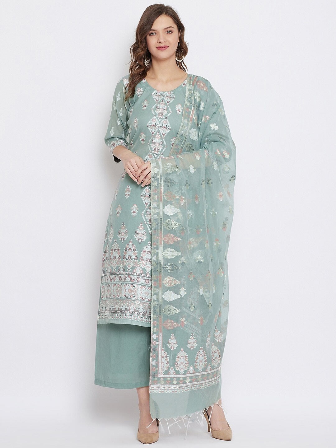 

Safaa Women Green Unstitched Printed Cotton Kurta Set