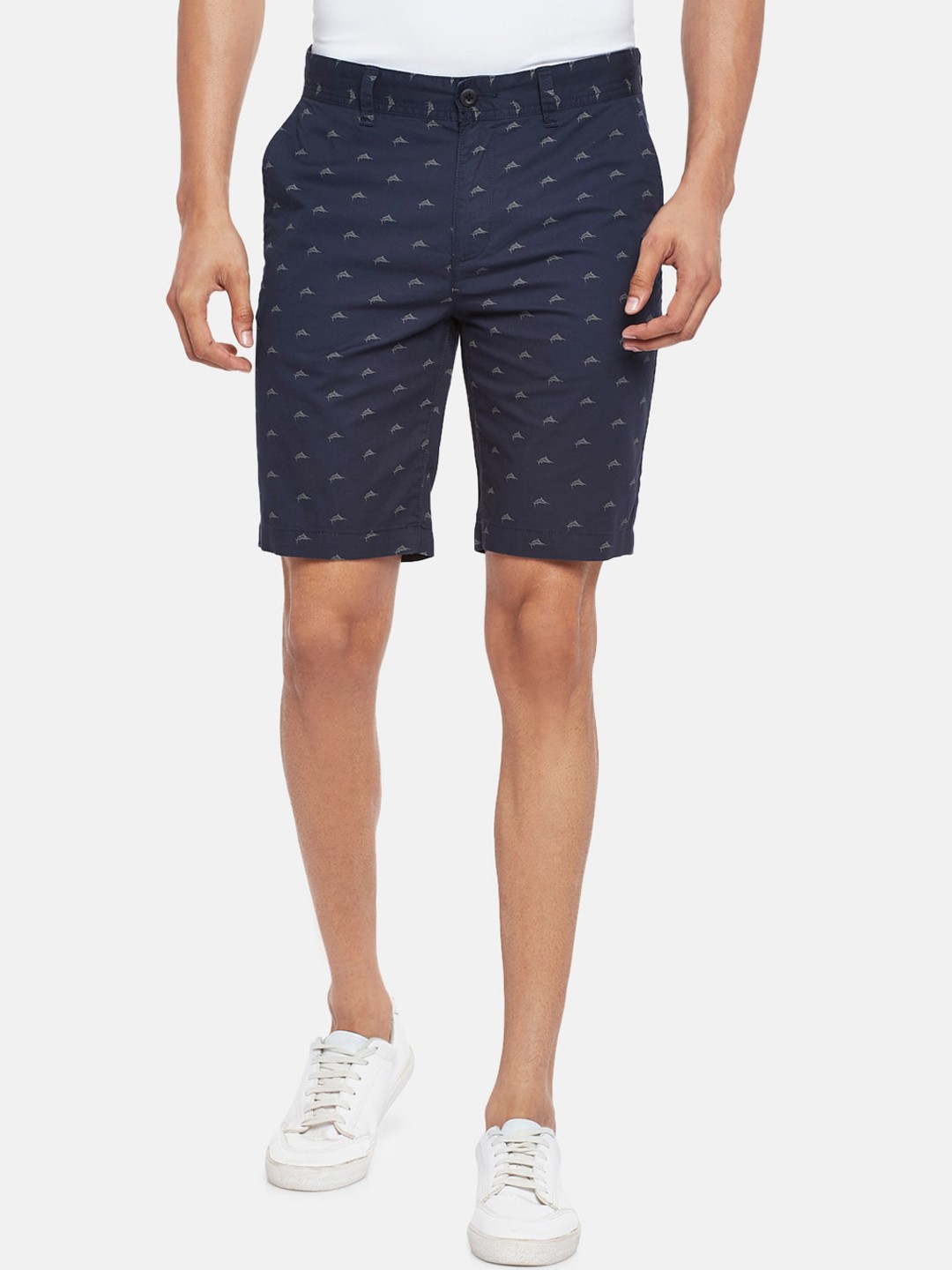 

People Men Navy Blue Conversational Printed Pure Cotton Regular Shorts