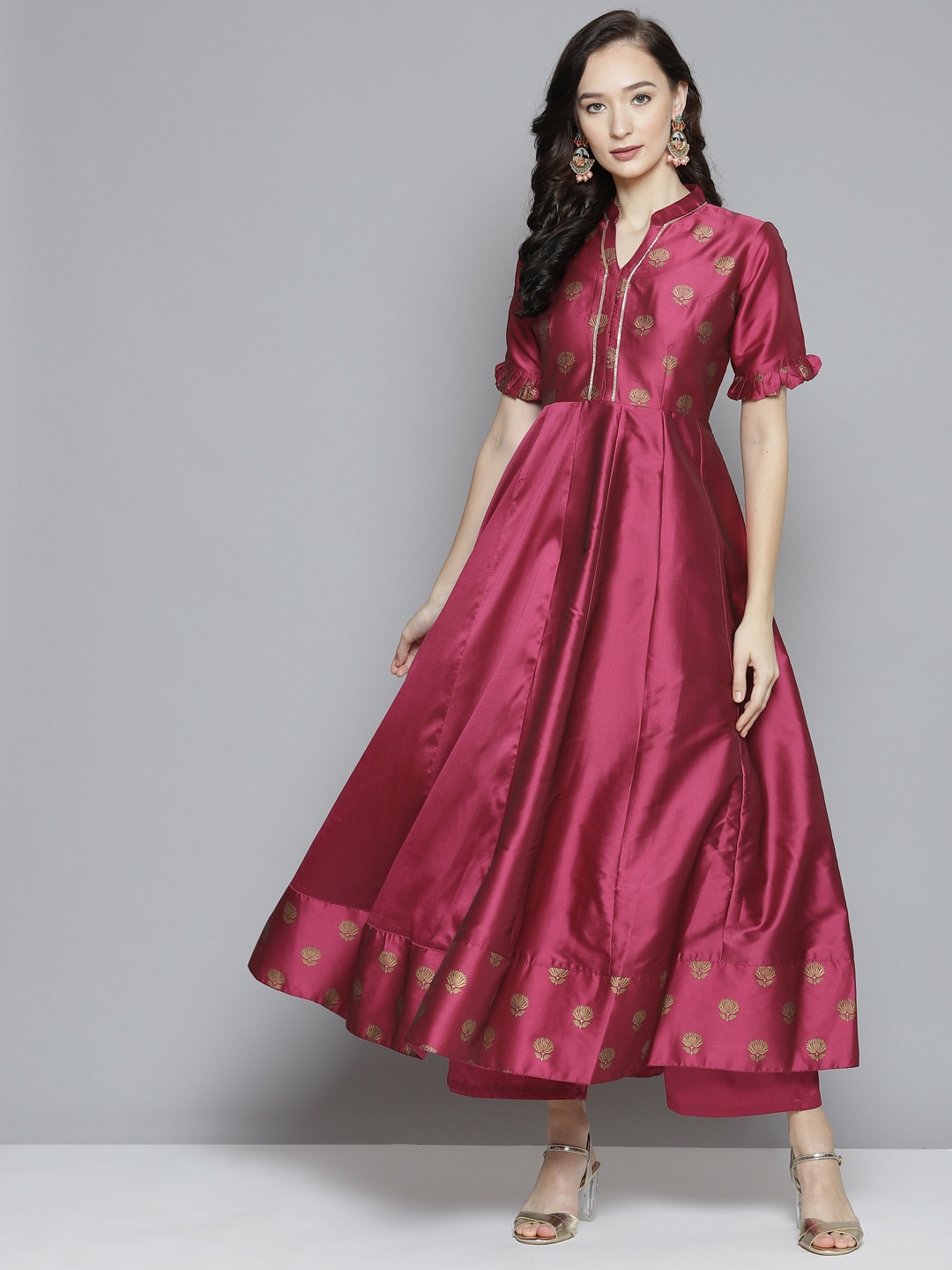 

Bhama Couture Women Purple & Gold-Toned Block Print Anarkali Kurta