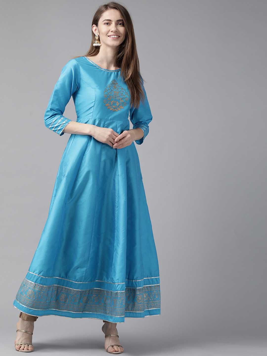 

Bhama Couture Women Blue & Gold-Toned Ethnic Motifs Printed Block Print Anarkali Kurta