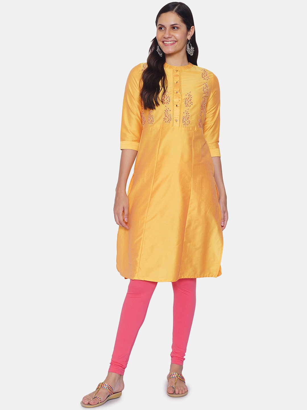 

IX IMPRESSION Women Yellow & Red Ethnic Motifs Embroidered Kurta