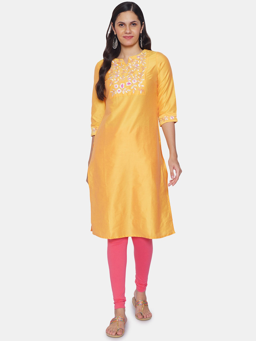

IX IMPRESSION Women Yellow Yoke Design Thread Work Kurta
