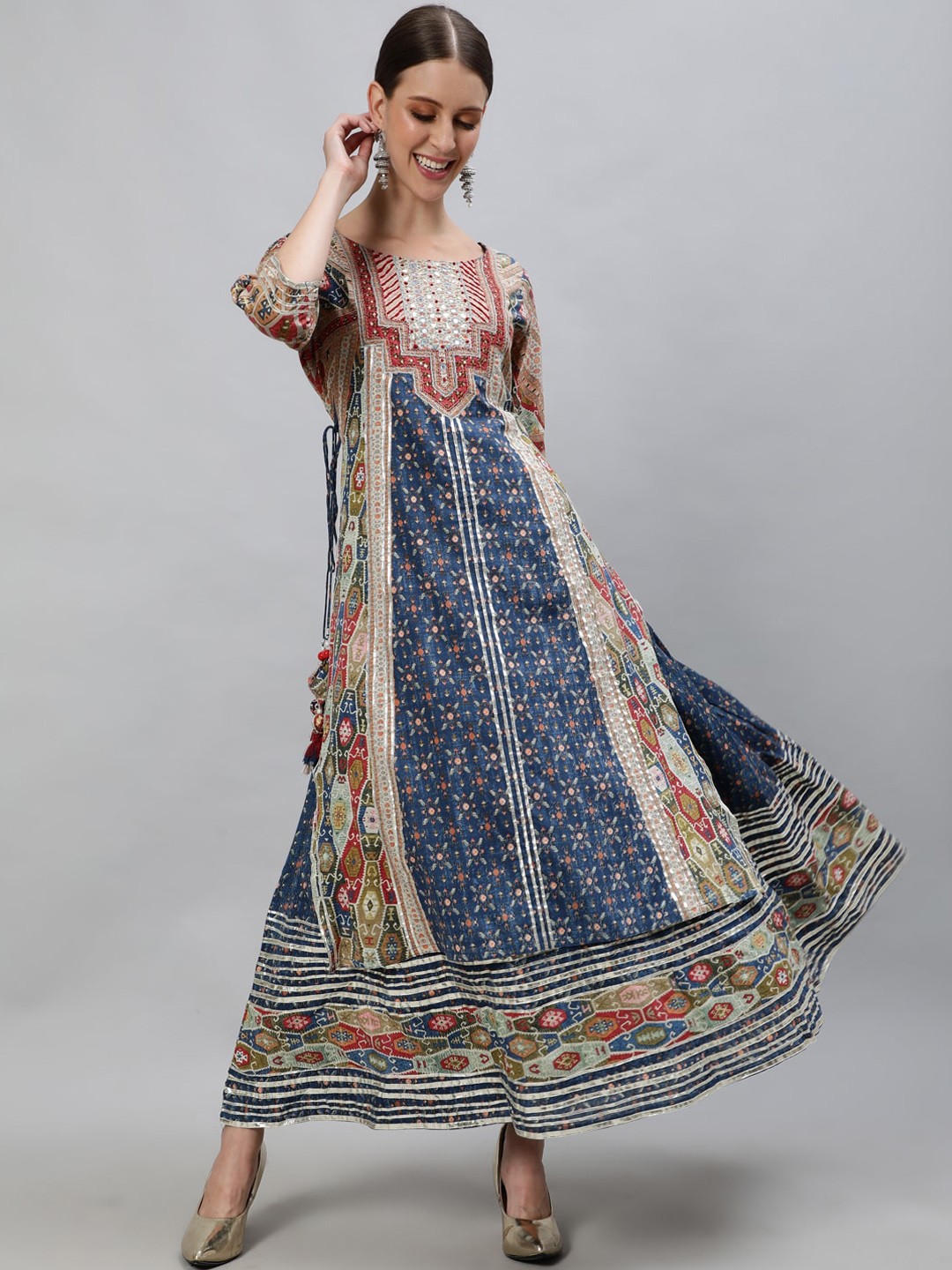

Ishin Women Blue & Red Ethnic Motifs Printed Thread Work Anarkali Kurta