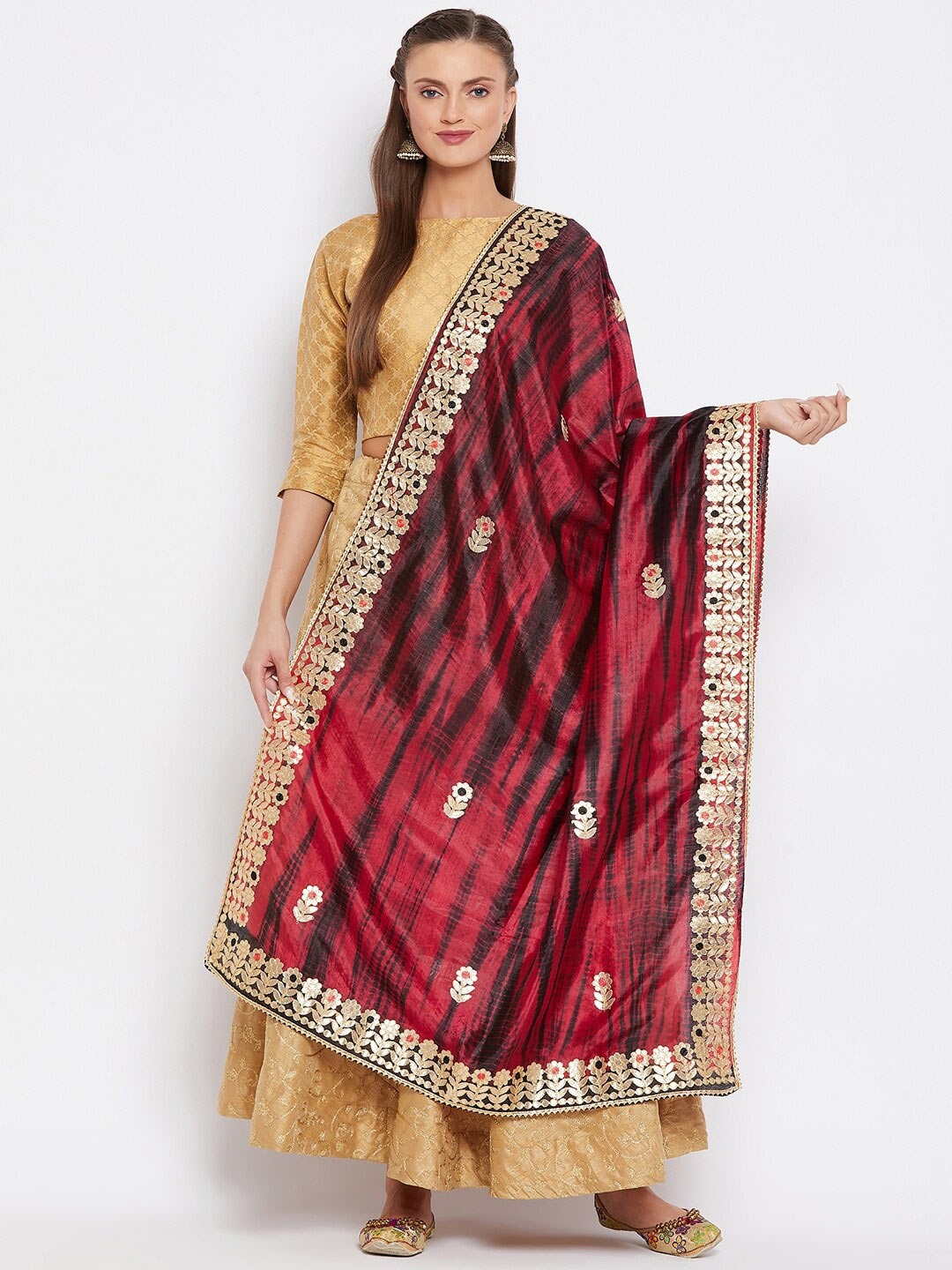 

Clora Creation Maroon & Gold-Toned Dyed Tie and Dye Dupatta with Gotta Patti