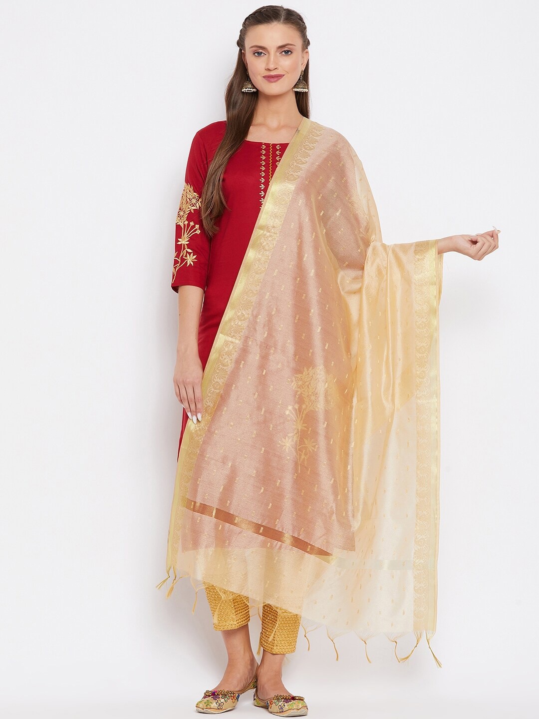 

Clora Creation Beige & Gold-Toned Woven Design Dupatta