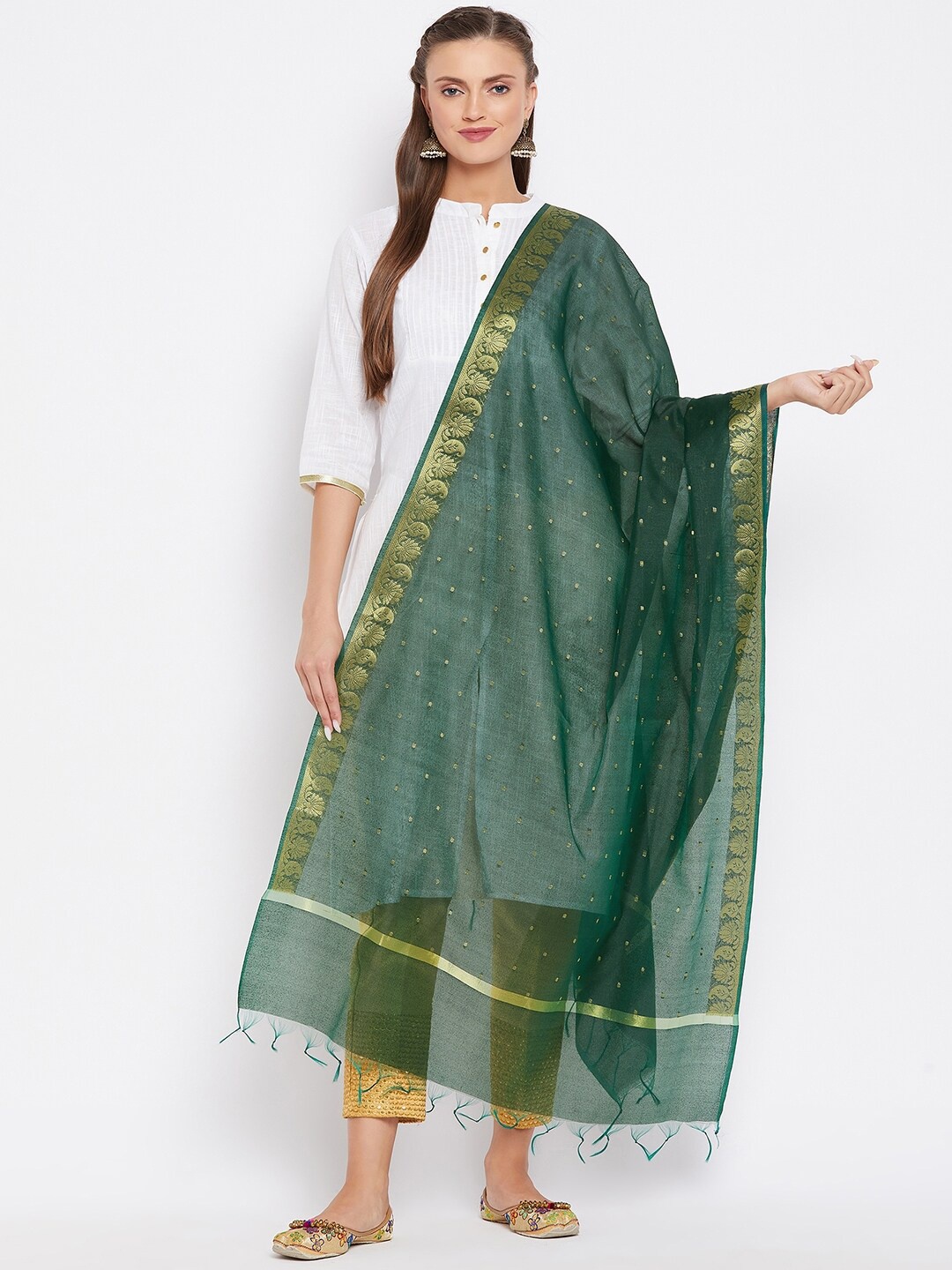 

Clora Creation Green & Gold-Toned Woven Design Dupatta