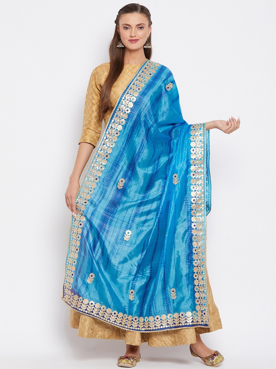 

Clora Creation Blue & Gold-Toned Dyed Tie and Dye Dupatta with Gotta Patti