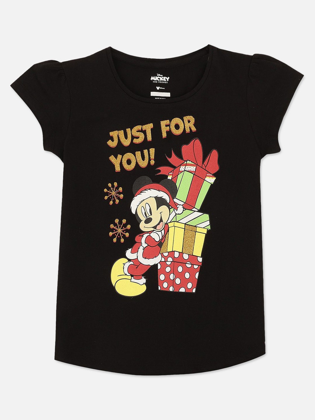 

Kids Ville Girls Black Mickey Mouse Printed Applique T-shirt
