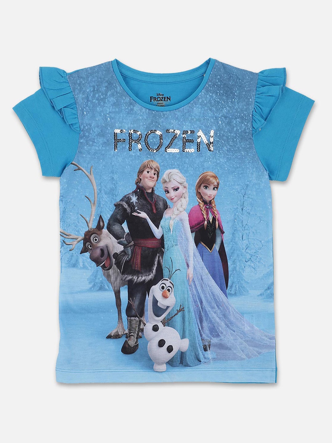 

Kids Ville Girls Blue Black Sequinned Frozen Printed Pure Cotton T-shirt