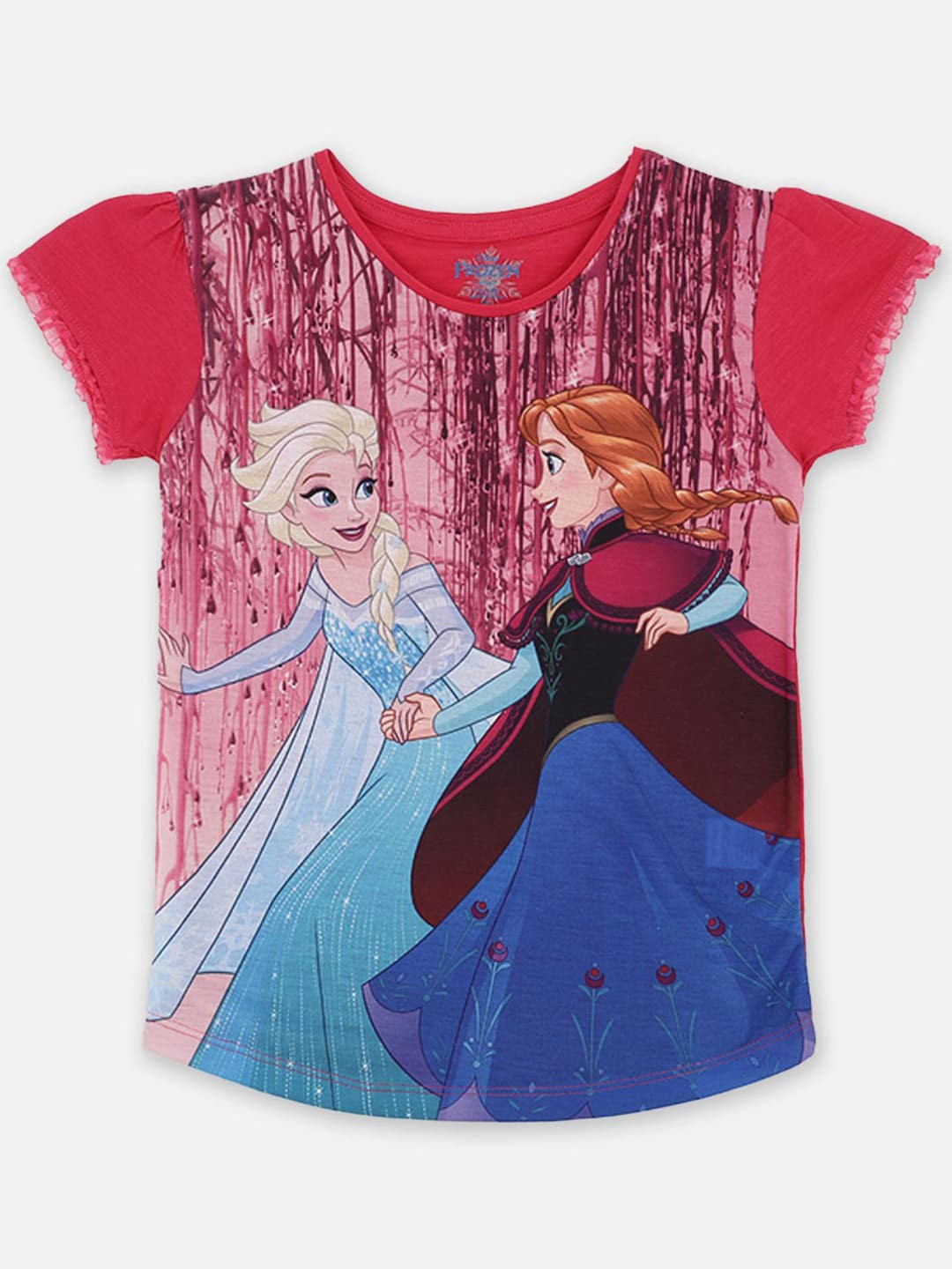 

Kids Ville Girls Pink & Blue Frozen Printed Puff Sleeves T-shirt