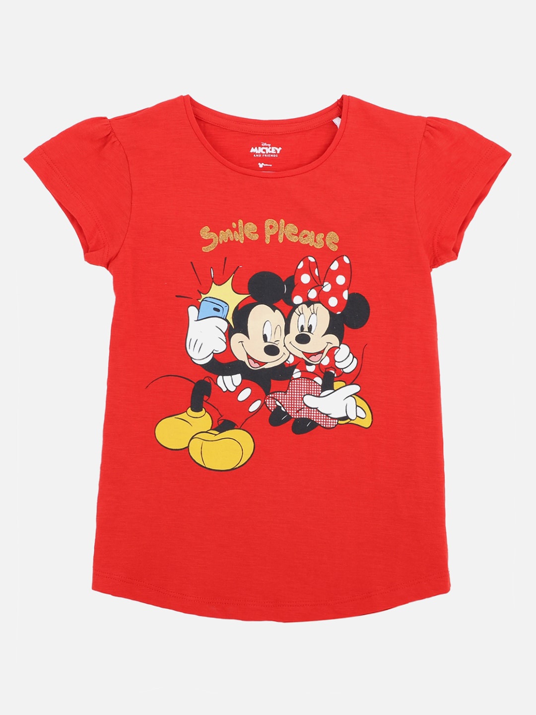 

Kids Ville Girls Red Black Mickey And Minnie Printed Pure Cotton T-shirt