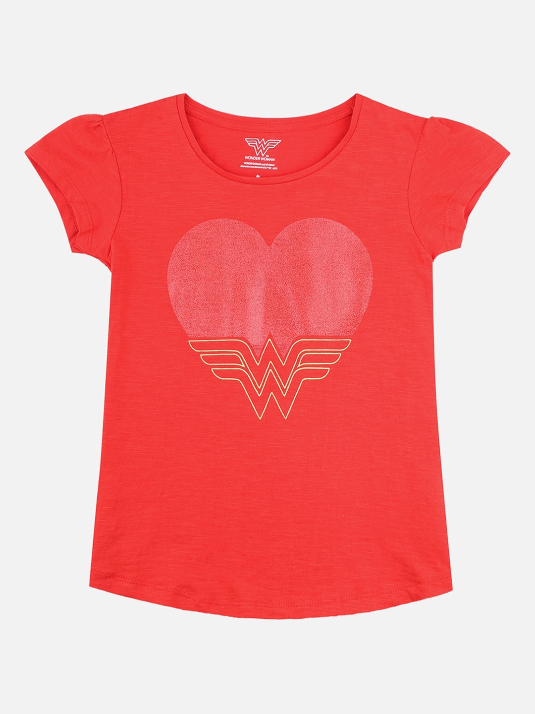 

Kids Ville Girls Red Wonder Woman Printed Puff Sleeves T-shirt