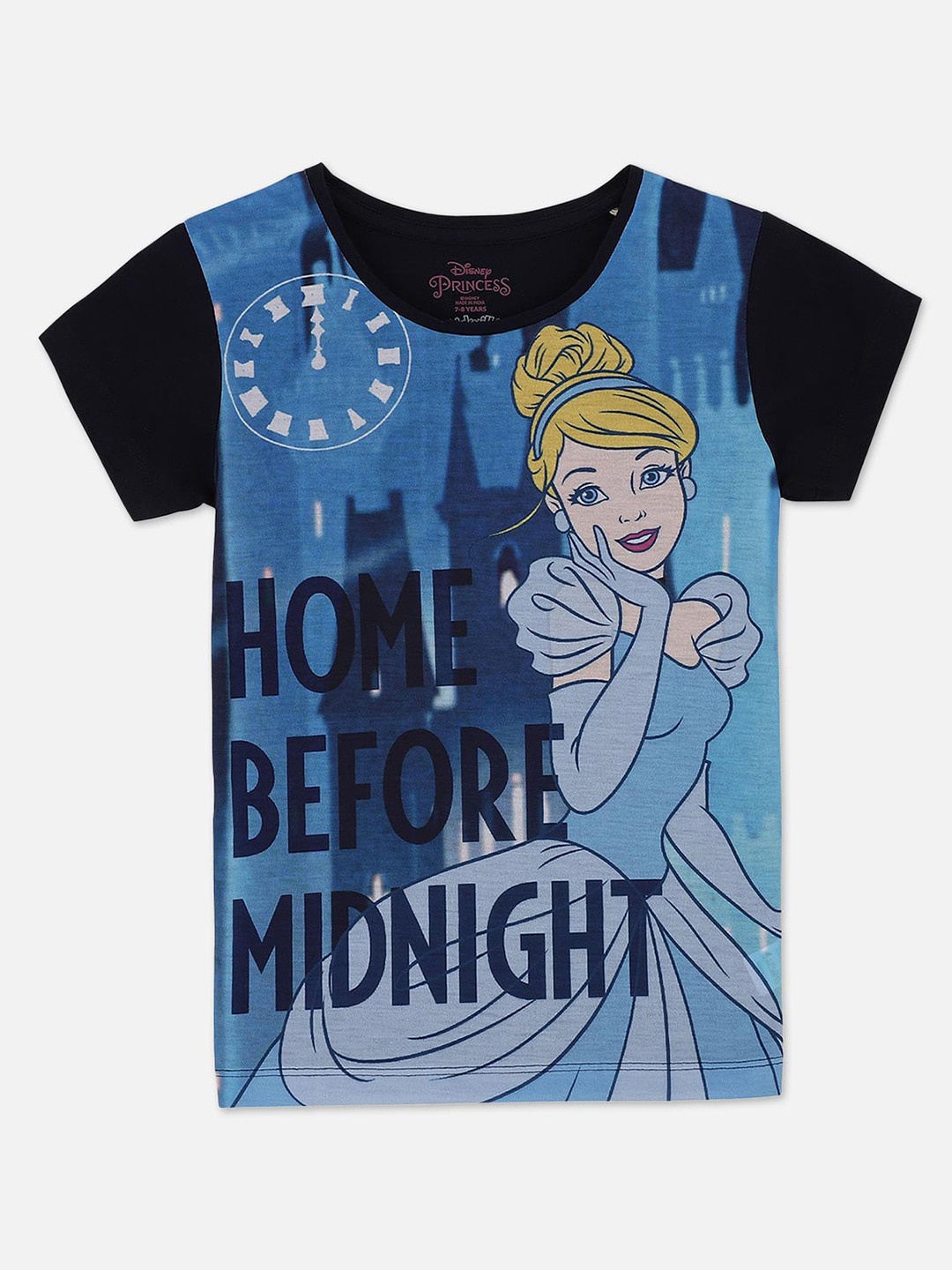 

Kids Ville Girls Navy Blue Yellow Disney Princess Printed Pure Cotton T-shirt