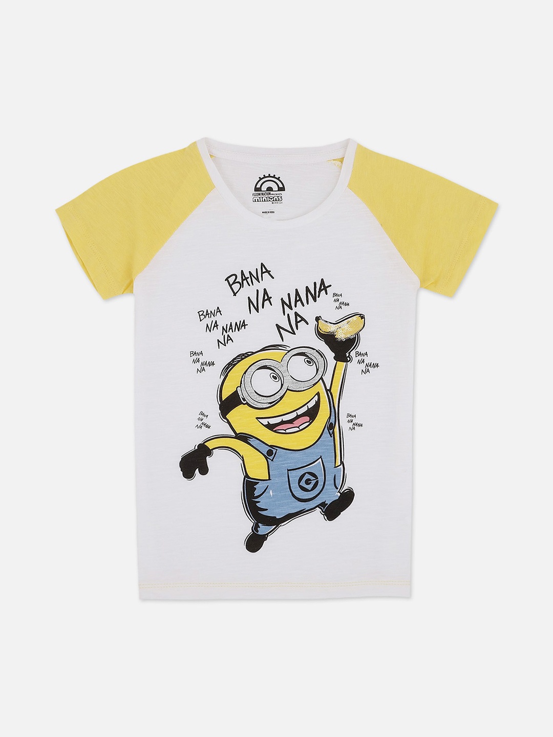 

Kids Ville Girls White Yellow Minions Printed Cotton Pure Cotton T-shirt