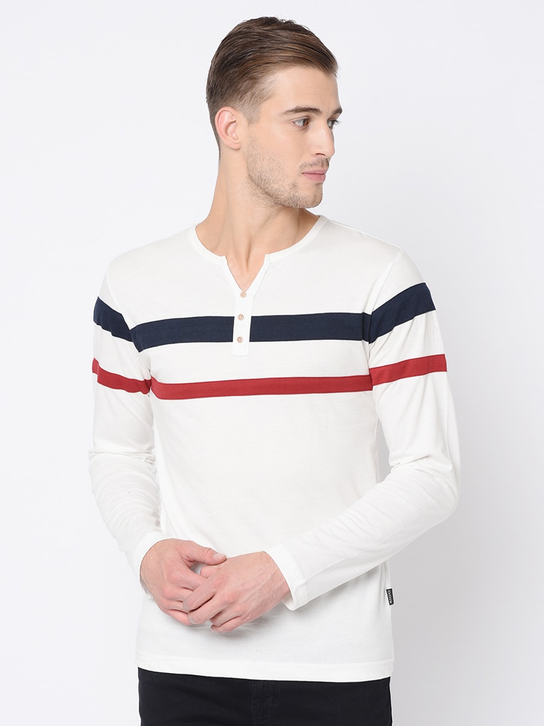 

Rigo Men White Striped Henley Neck Slim Fit T-shirt