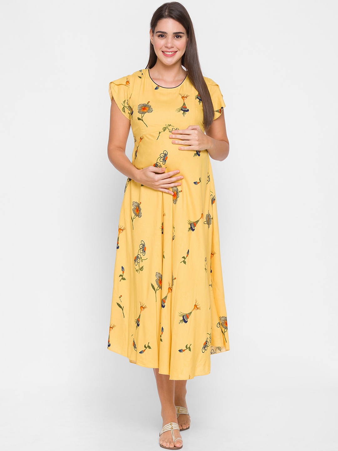 

AV2 Women Yellow & Orange Printed Maternity Midi Dress