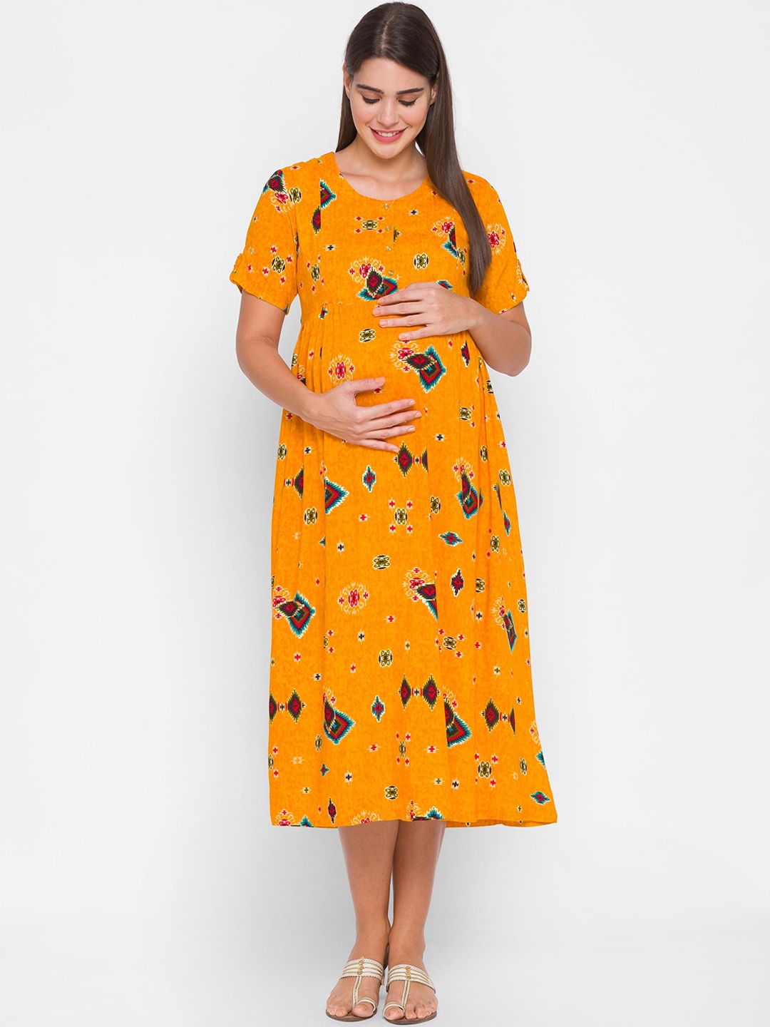 

AV2 Mustard Woman Yellow Floral Maternity Dress