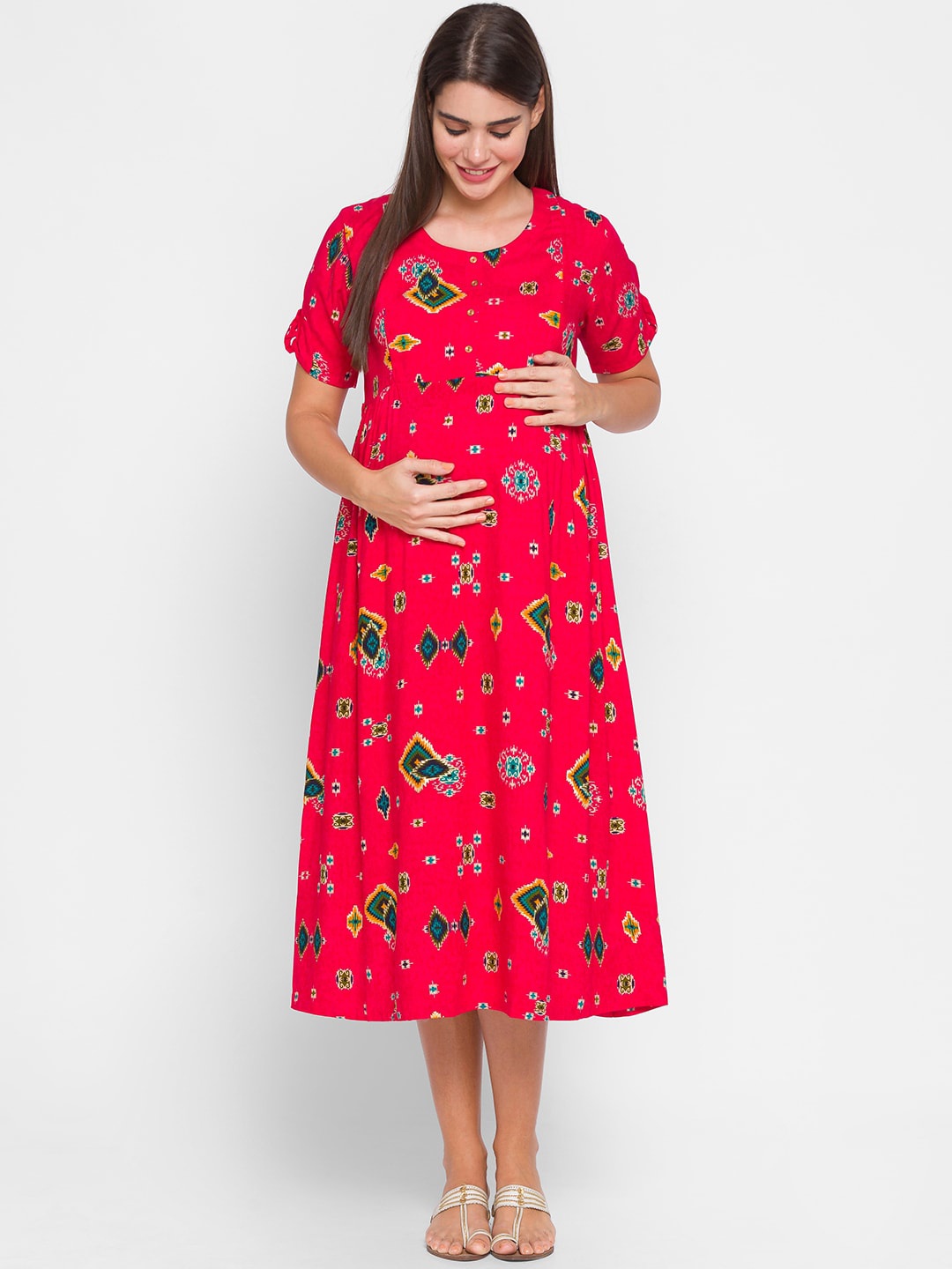 

AV2 Women Red Floral Midi Maternity Dress