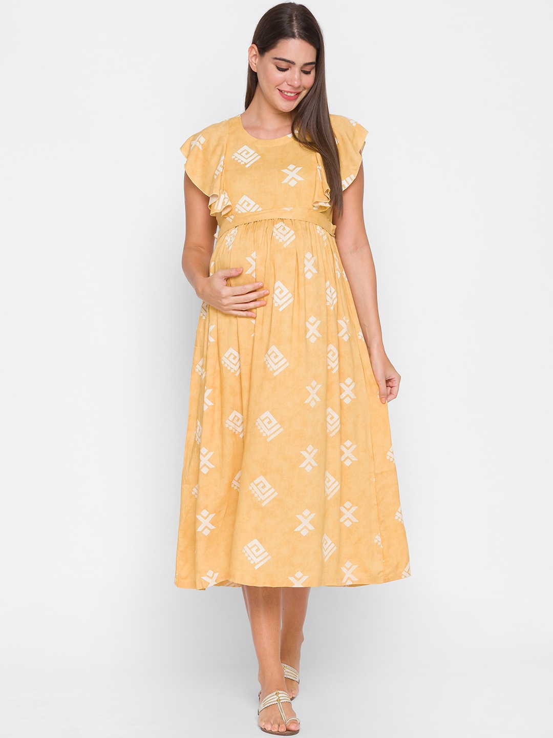 

AV2 Women Yellow & White Printed Maternity Midi Dress