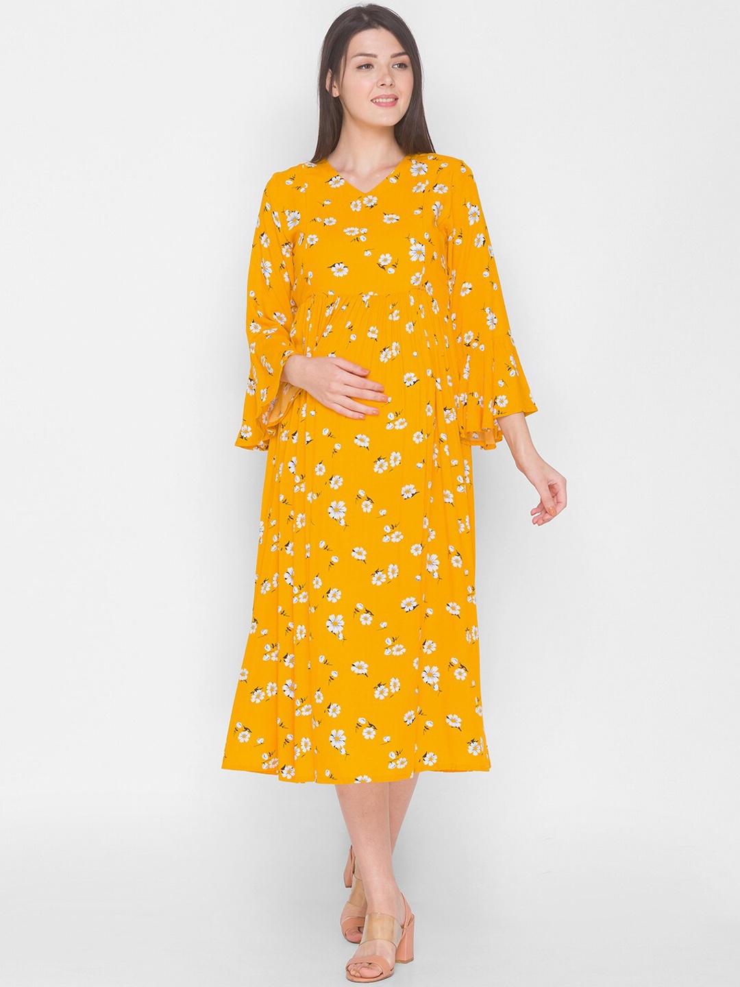 

AV2 Mustard Yellow Floral A-Line Maxi Dress