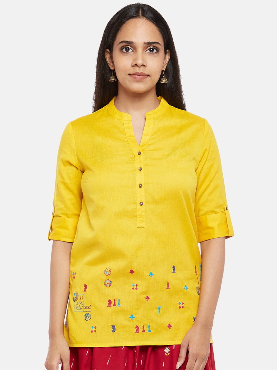 

AKKRITI BY PANTALOONS Yellow Mandarin Collar Embroidered Pure Cotton Tunic