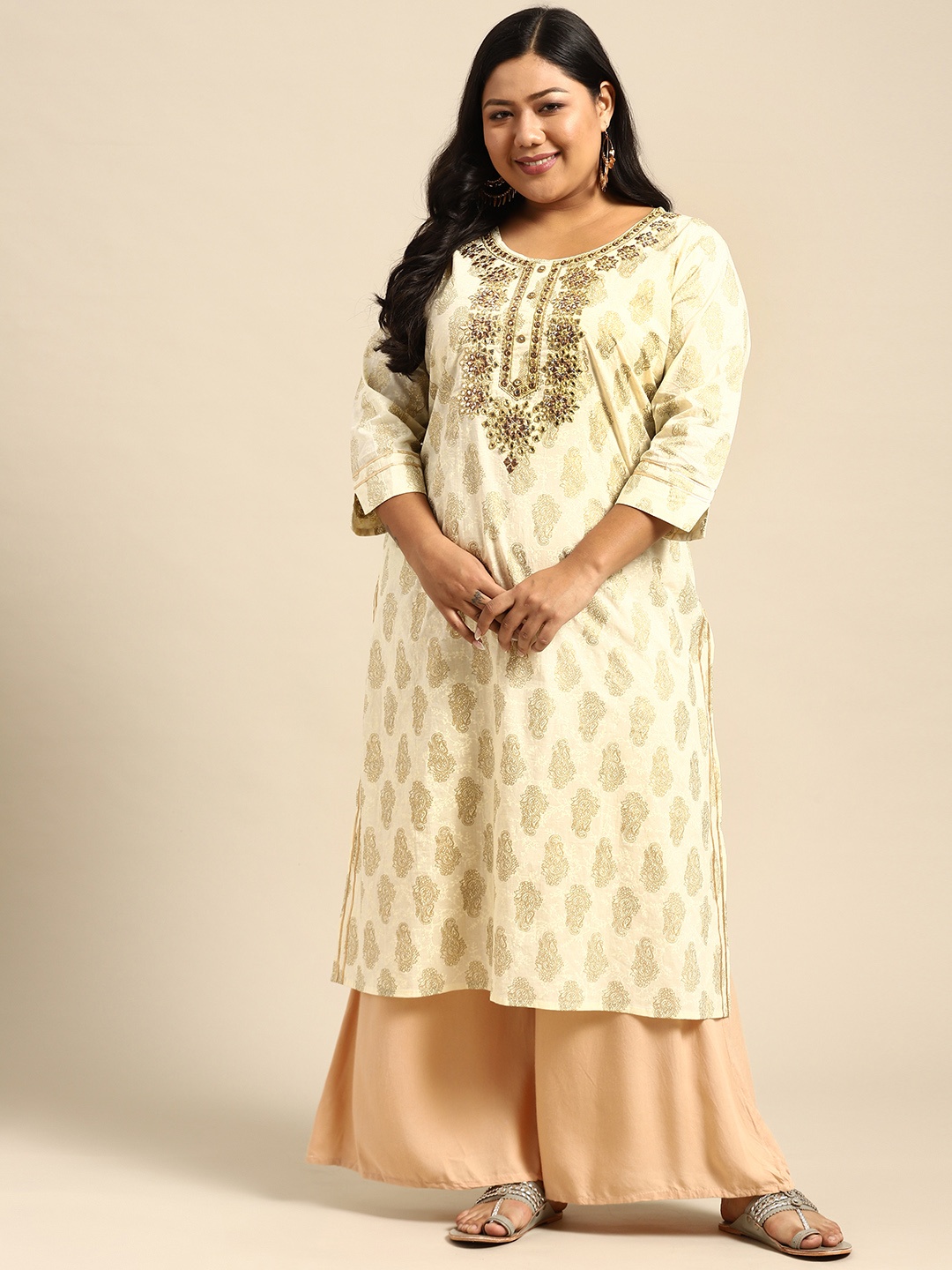 

RANGMAYEE Women Off White & Gold-Toned Mirror Work Liva Kurta